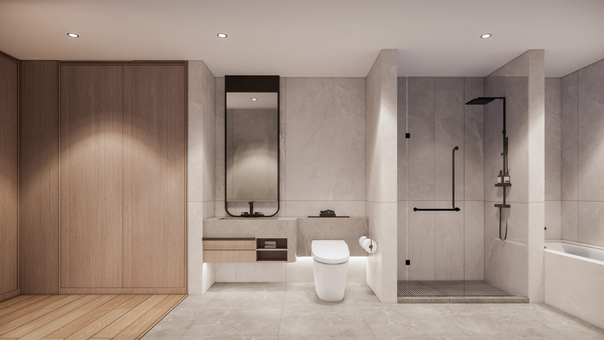 Standard residence bathroom with floating vanity, walk-in shower, and wood storage