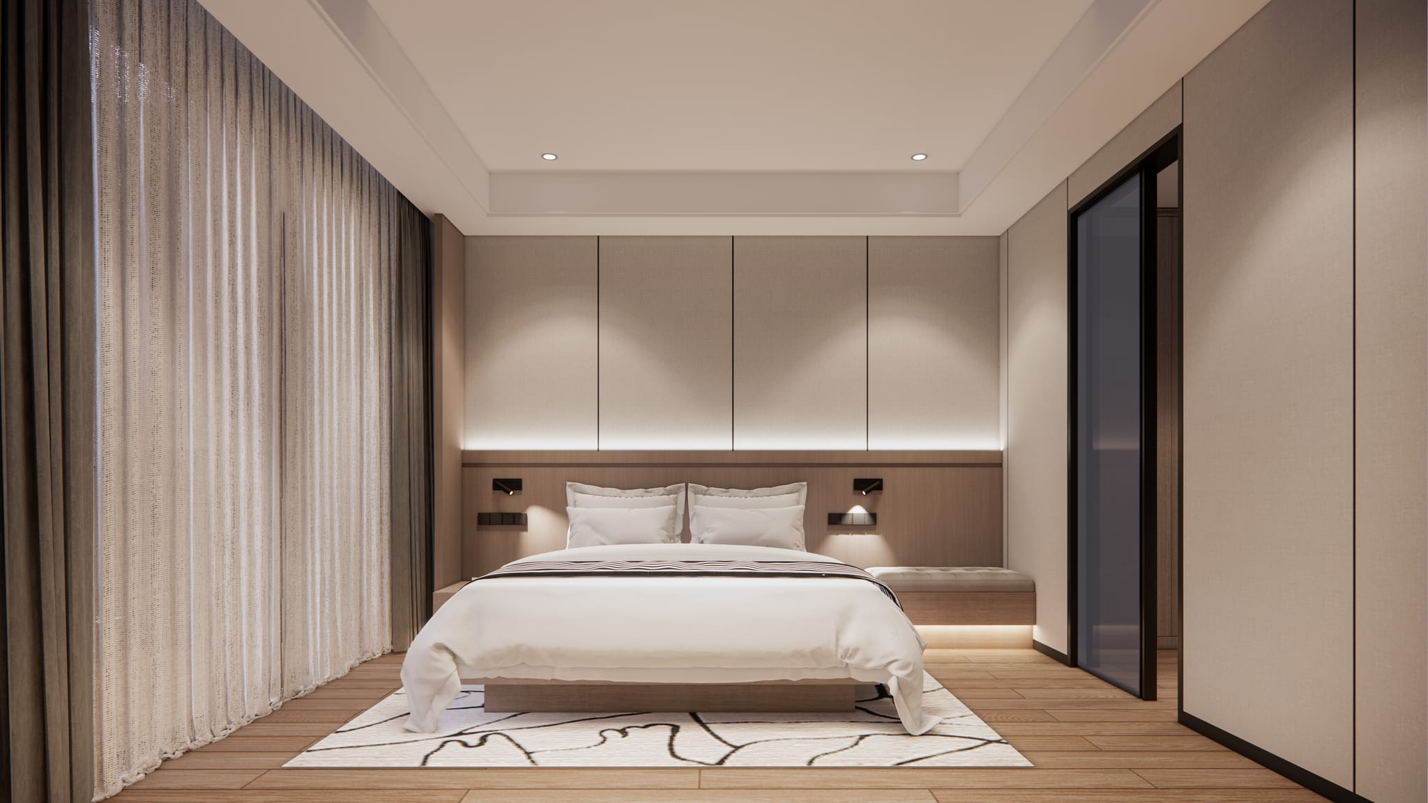 Standard residence bedroom centered on a wood headboard with integrated lighting