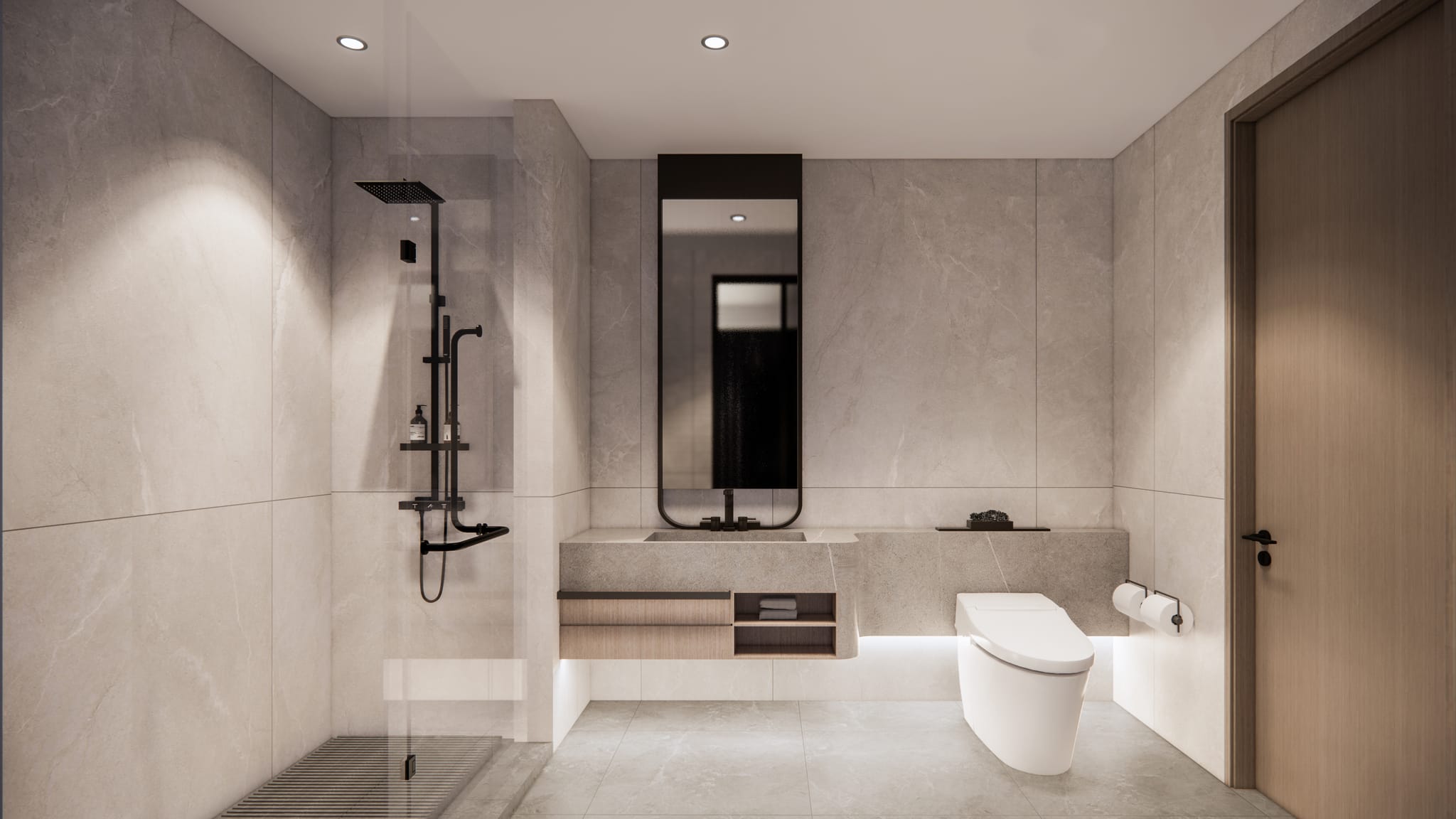 Studio residence bathroom with stone vanity, walk-in shower, and matte black fixtures