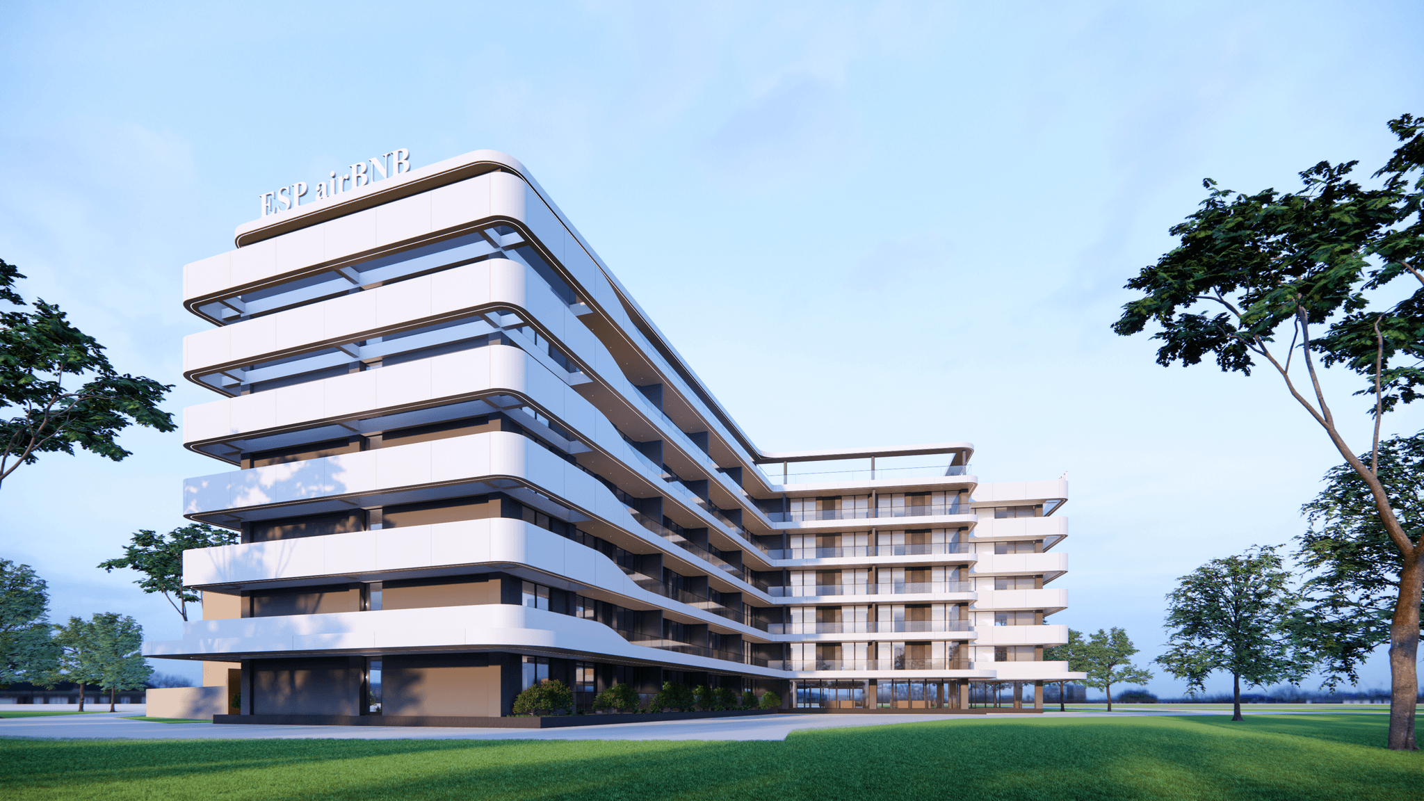 ESP Apartments building exterior from a low angle under a clear blue sky