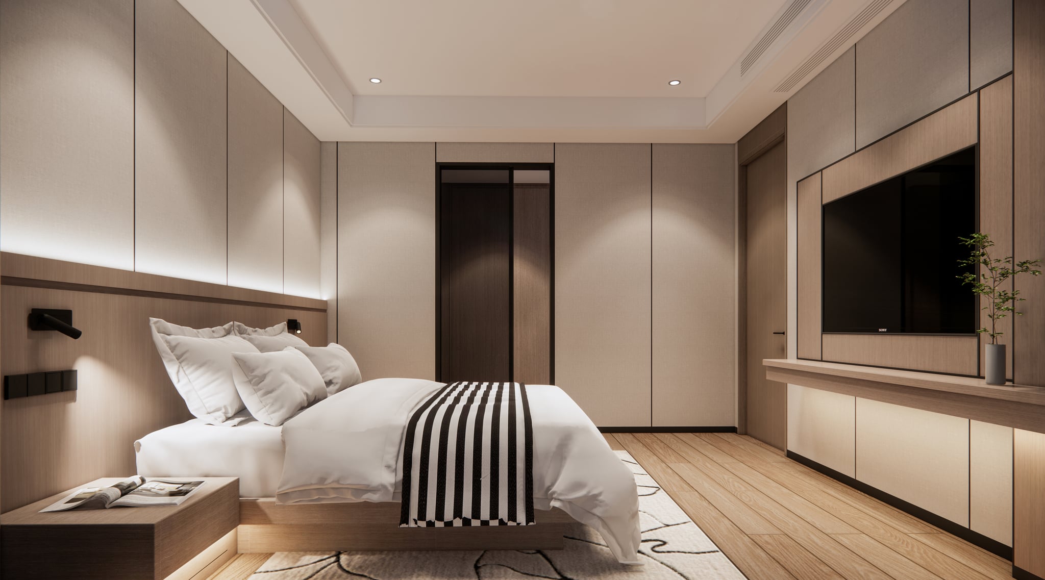 Standard residence bedroom with wood paneling, wall-mounted television, and warm cove lighting