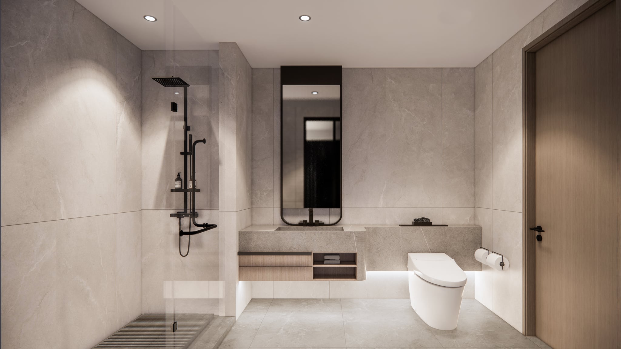 Studio residence bathroom with stone vanity, walk-in shower, and matte black fixtures