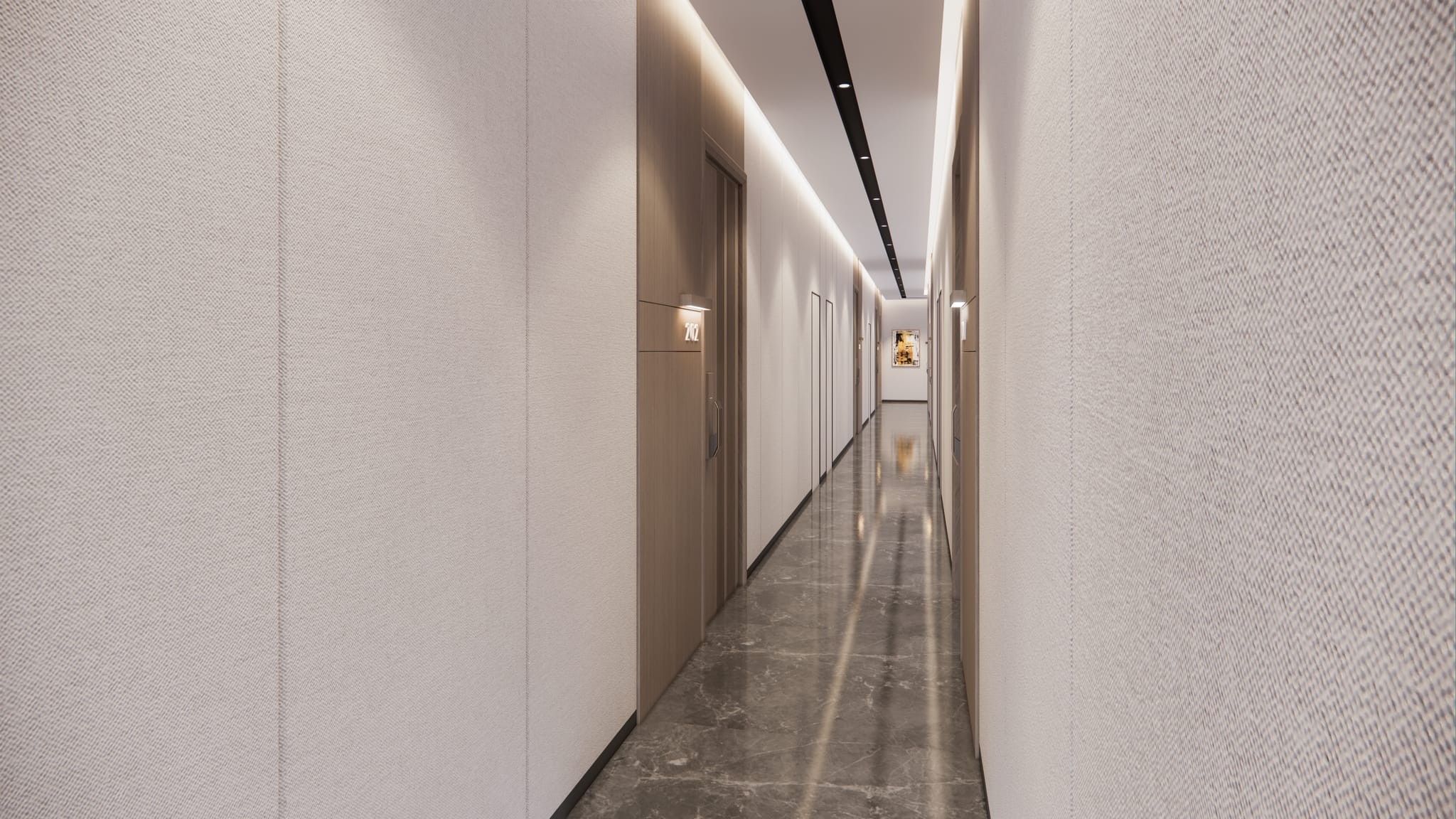 Residential corridor with cove lighting and reflective marble flooring