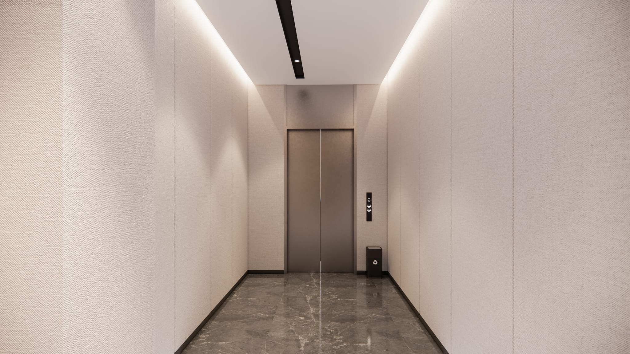 Minimal elevator lobby with textured walls and polished charcoal marble floors