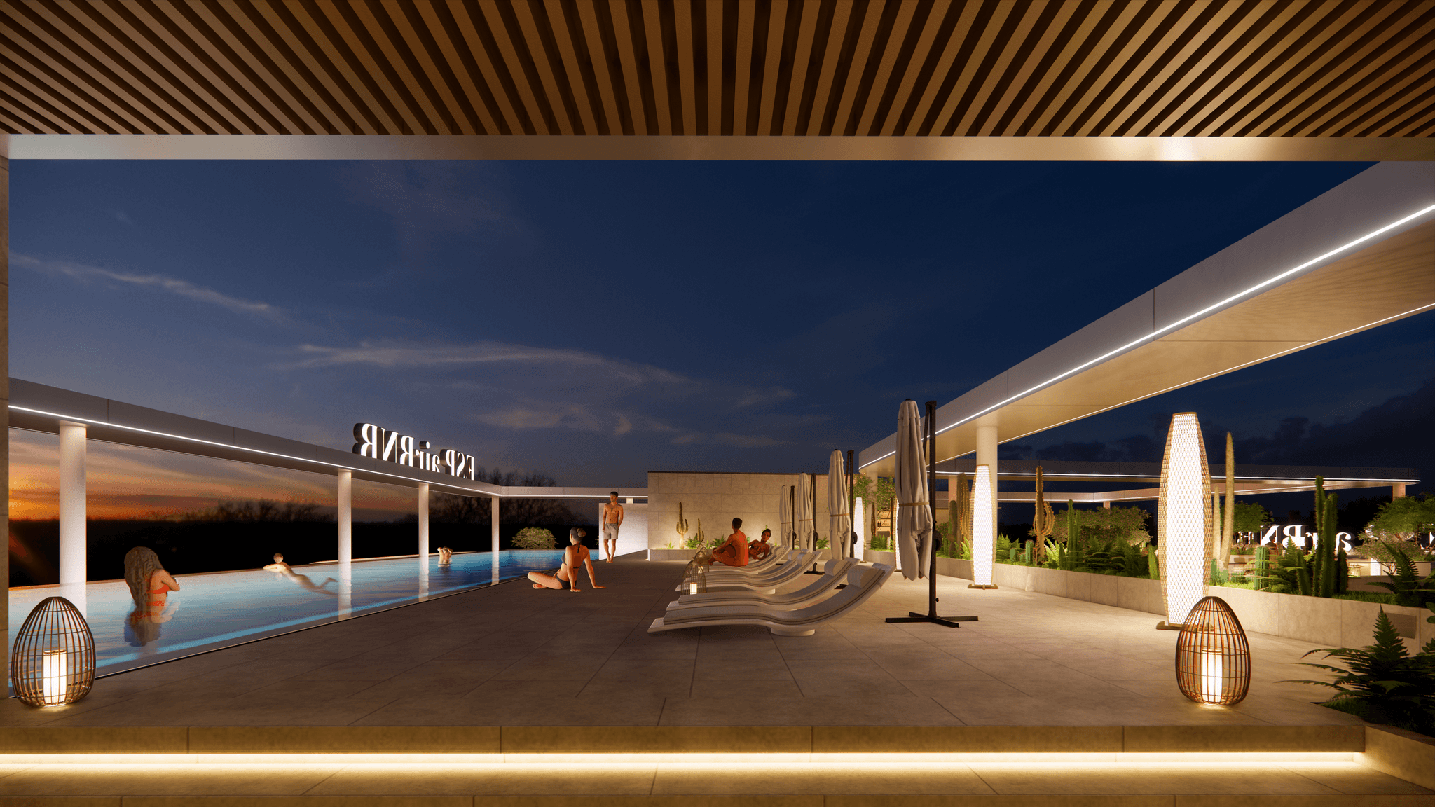 Rooftop pool deck and loungers at ESP Apartments