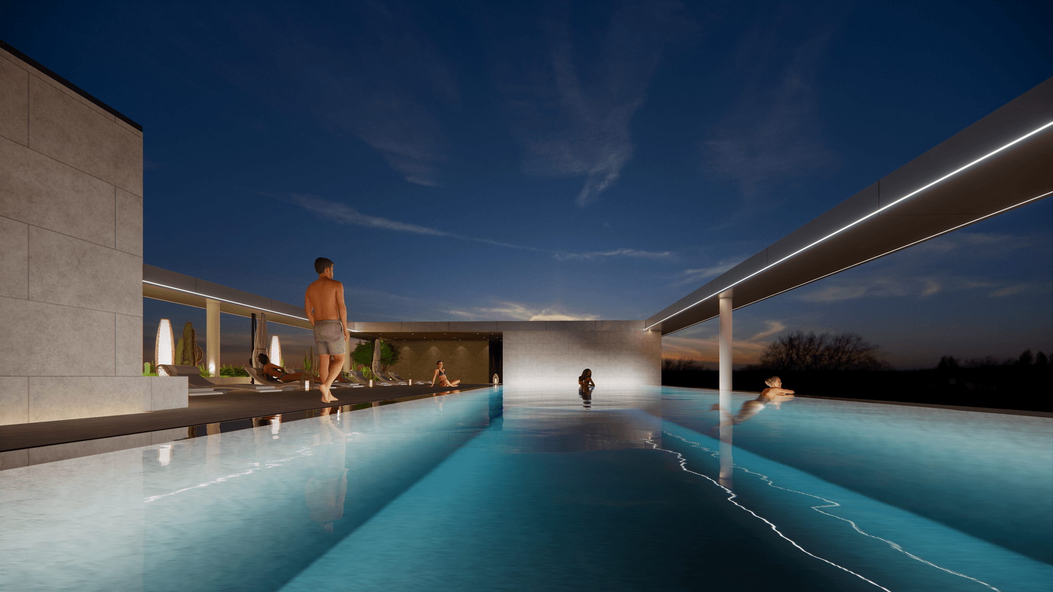 Rooftop infinity pool at ESP Apartments at twilight with residents in the water