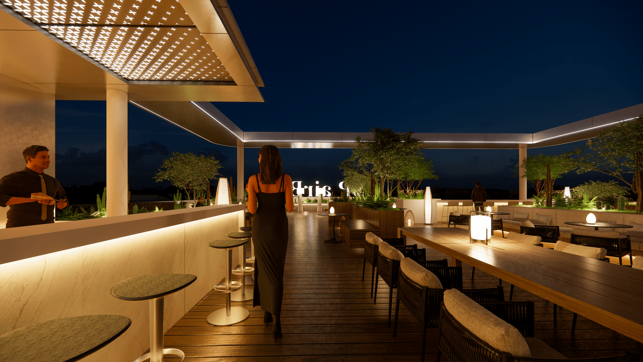 ESP Apartments rooftop sky bar and terrace dining at night
