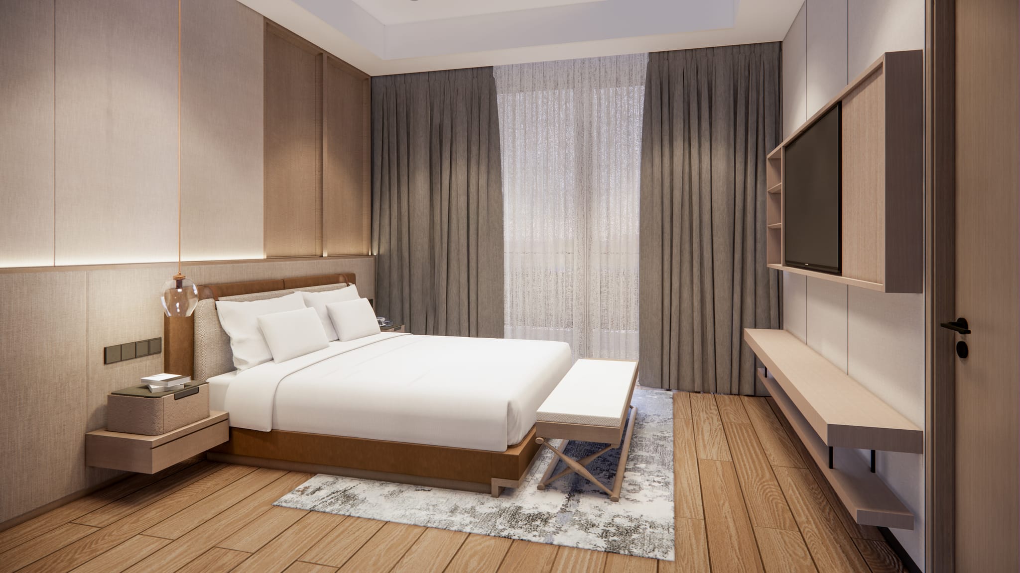 Serene ESP bedroom with warm wood and soft natural light