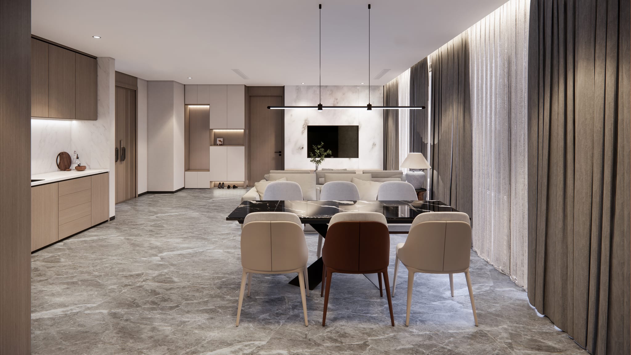 Family residence open-plan living and dining space with marble floors and dining table
