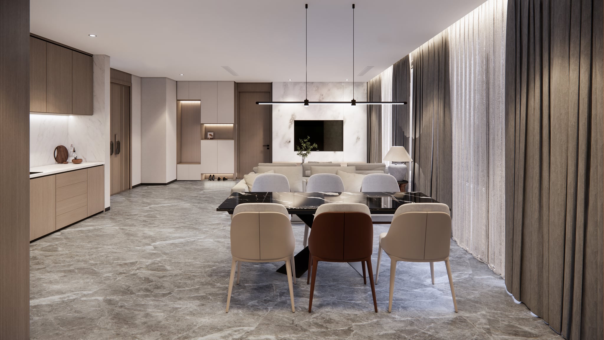 Family residence open-plan living and dining space with marble floors and dining table