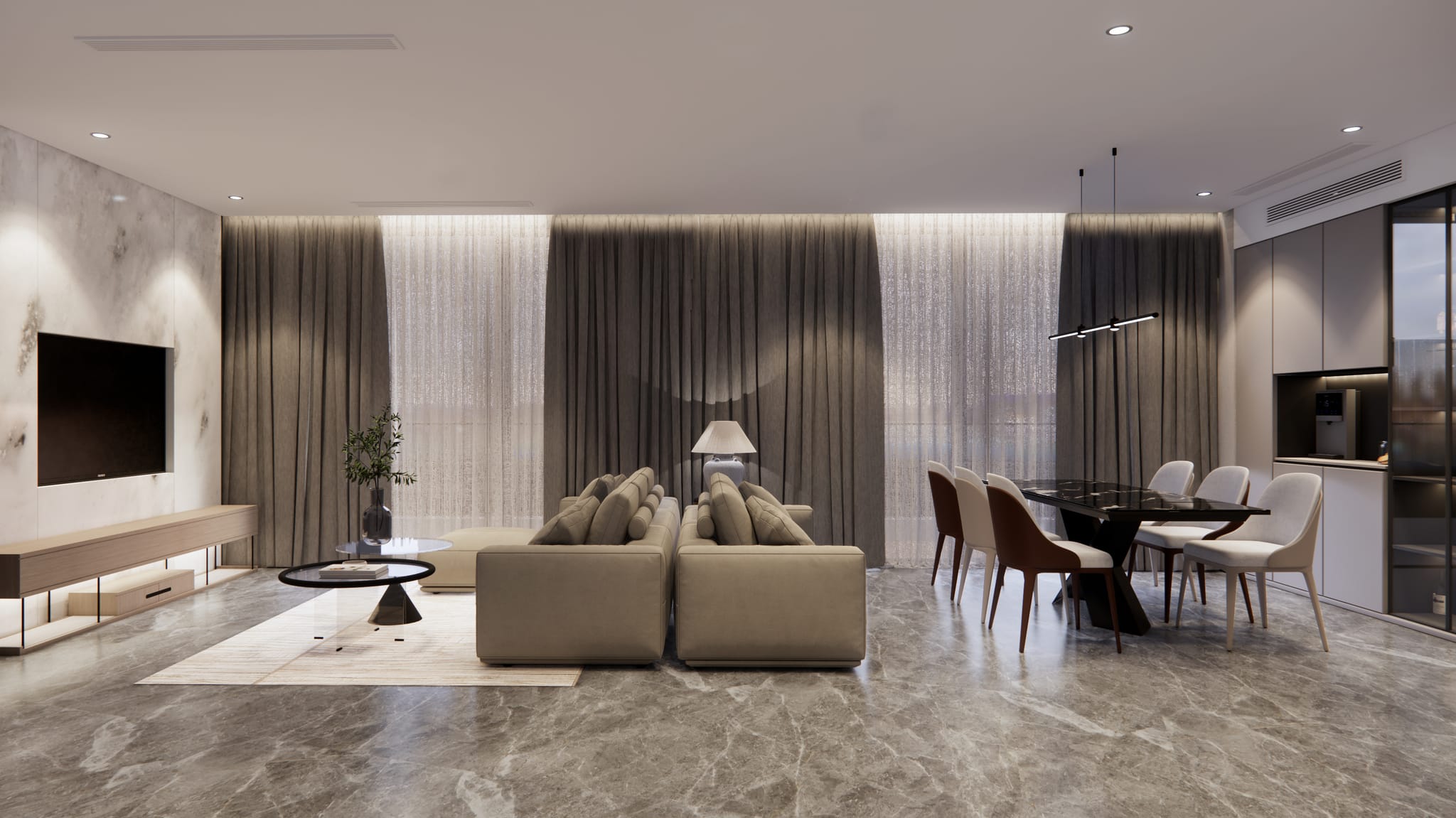 Family residence living and dining zones divided by back-to-back sofas