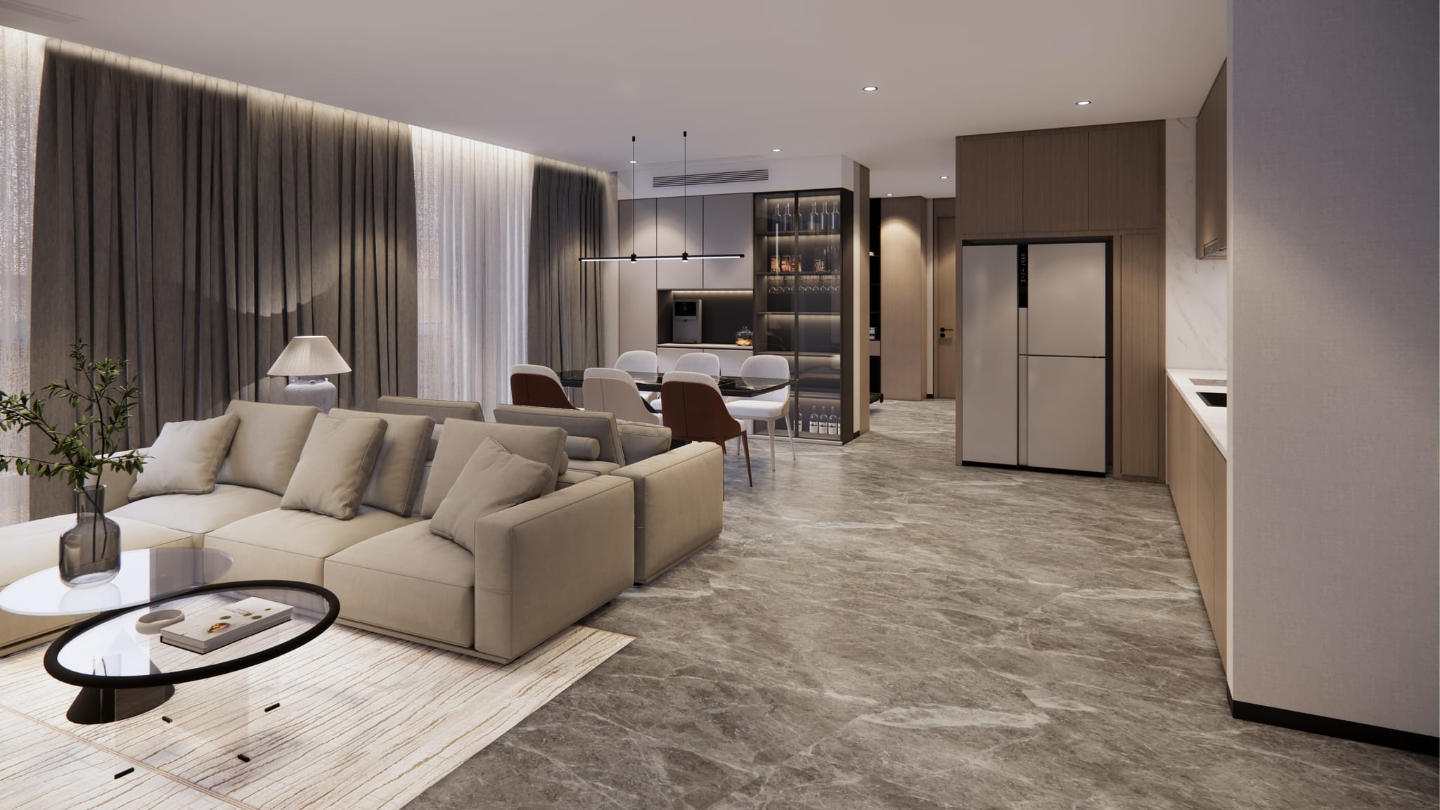 Family residence living area with sectional sofa looking toward kitchen and dining