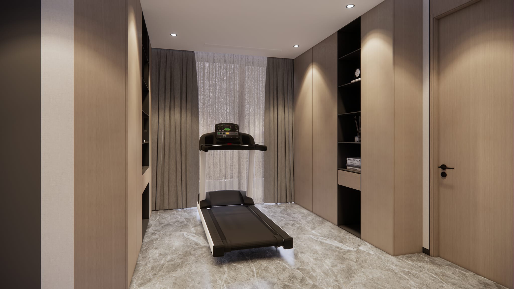 Private in-residence fitness room with treadmill and floor-to-ceiling cabinetry