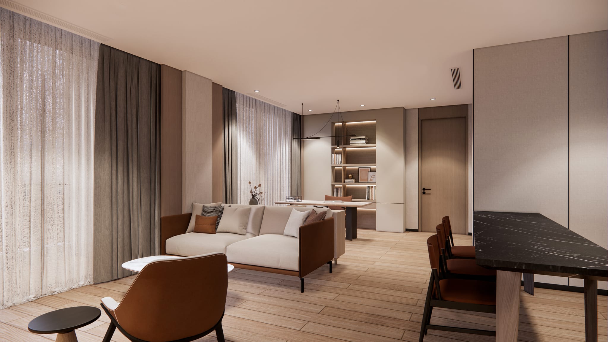 Standard residence open-plan living and dining area with cream sofa and marble dining table